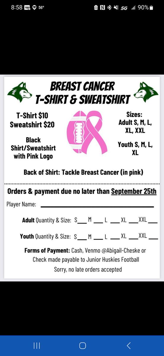 football_hale's tweet photo. Our Junior Huskies program has put together Breast Cancer awareness T-Shirts and Sweatshirts for order! They are not Junior Husky specific so can work for both Juniors and High School programs!

#ItsAGreatDayToBeAHusky https://t.co/E99jYnNZmP