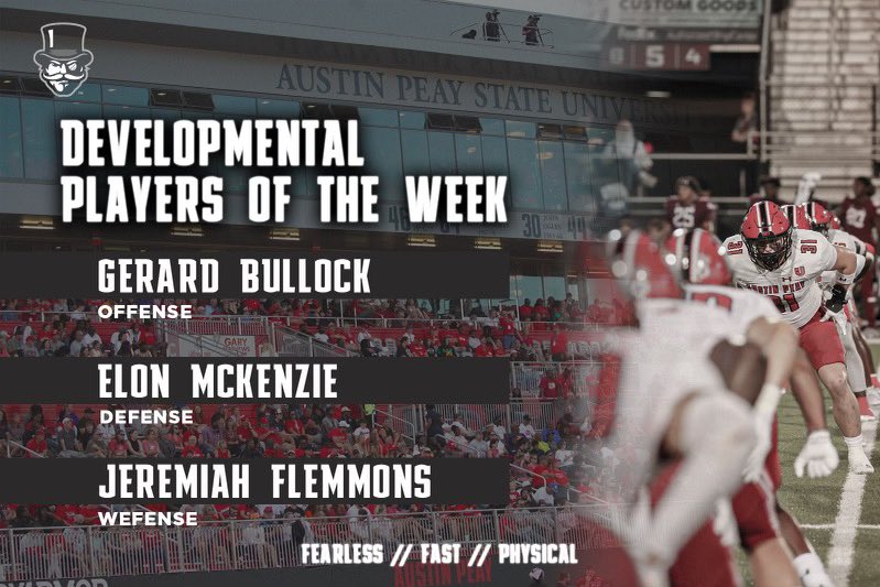 𝗪𝗘𝗘𝗞 𝟯 𝗗𝗘𝗩𝗘𝗟𝗢𝗣𝗠𝗘𝗡𝗧𝗔𝗟 𝗣𝗟𝗔𝗬𝗘𝗥𝗦 𝗢𝗙 𝗧𝗛𝗘 𝗪𝗘𝗘𝗞 🎩🏈

🔴 <a href="/gerardbullockjr/">Gerard Bullock</a> 
⚫️ <a href="/mckenzie_elon/">Elon Mckenzie</a> 
⚪️ <a href="/jflemm_6/">Jeremiah Flemmons</a> 

#ChaseTheLion | #LetsGoPeay