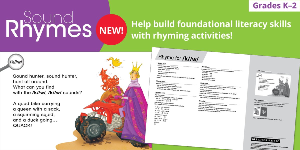 ScholasticEdCda's tweet image. Help your K-2 students build foundational literacy skills to understand the alphabetic code with fun rhyming activities in the NEW Sound Rhymes cards! These 47 large-format cards include engaging artwork on one side and teacher support on the other. schol.ca/x/SoundRhymes