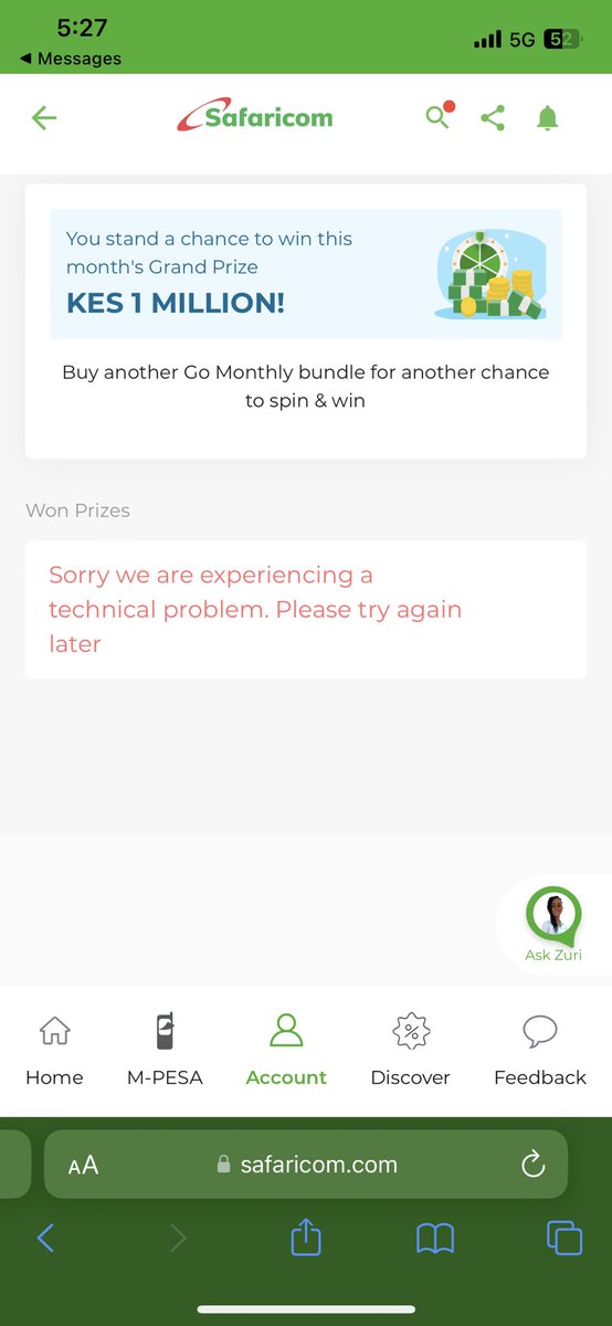 michael_ogelo's tweet photo. @Safaricom_Care @SafaricomPLC  every month I purchase the Go monthly option I get a message of spin and win but I have never been able to spin because this error appears every time!! Could you sort this out i would really like to take a chance on my luck lol. https://t.co/vnj8mpYAof