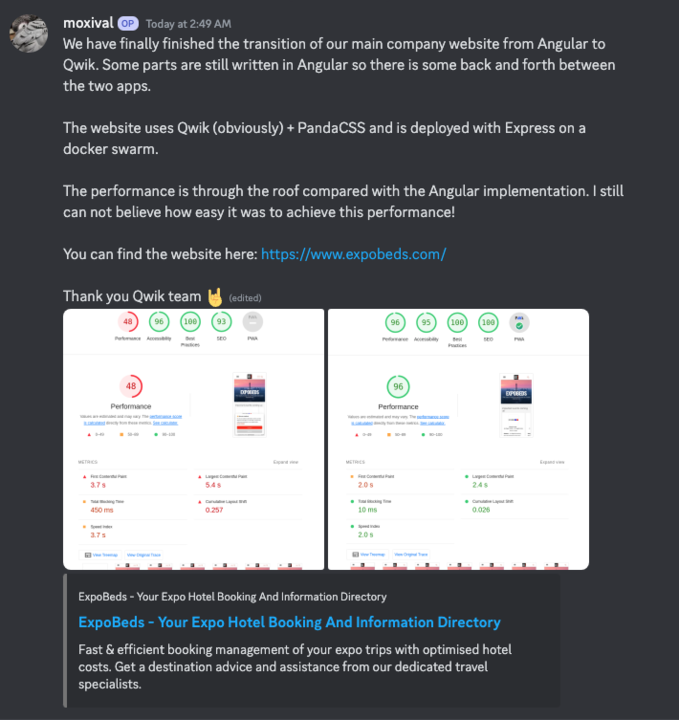 Love seeing some new <a href="/QwikDev/">Qwik</a> migration success stories. 🤩

Check out their site:
expobeds.com 

P.s. - they used PandaCSS as well 🤘🏽
