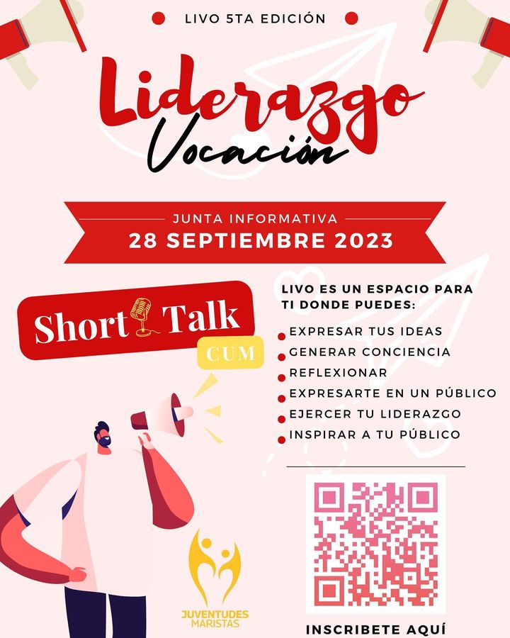 ¿Te gustaría conocer más sobre LIVO? Es un espacio donde puedes expresar temas de interés para ti y tu generación.
Ven a la junta informativa y conoce más sobre LIDERAZGO Y VOCACIÓN.
#SomosMARISTAS #generandovida