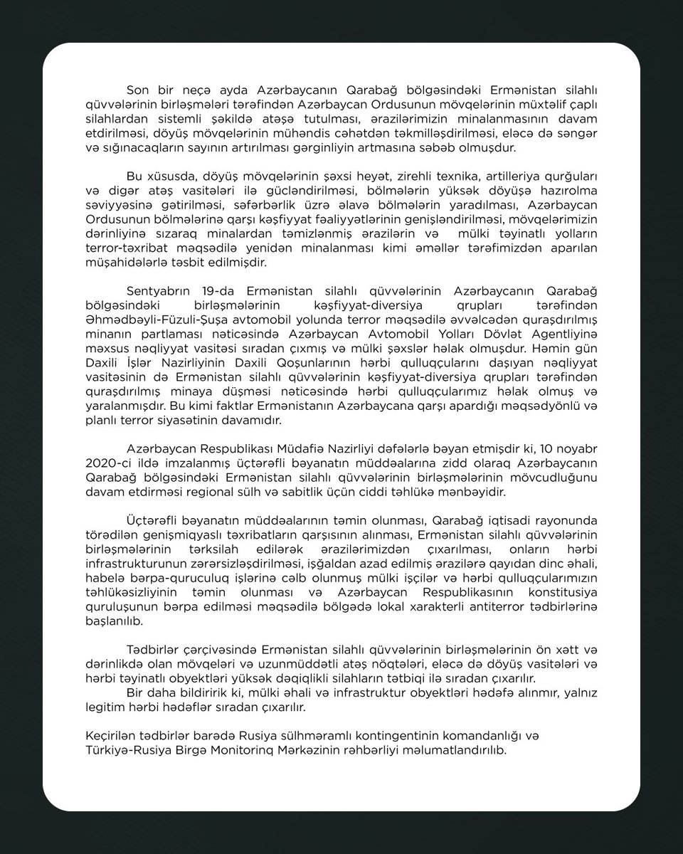 davamgh's tweet photo. Azərbaycan Respublikası Müdafiə Nazirliyinin 19 sentyabr 2023-cü il (13:22) tarixli məlumatı

#davam2023 #davamgenclerherekati #Karabakh #Azerbaijan https://t.co/hKSnbIqP2X