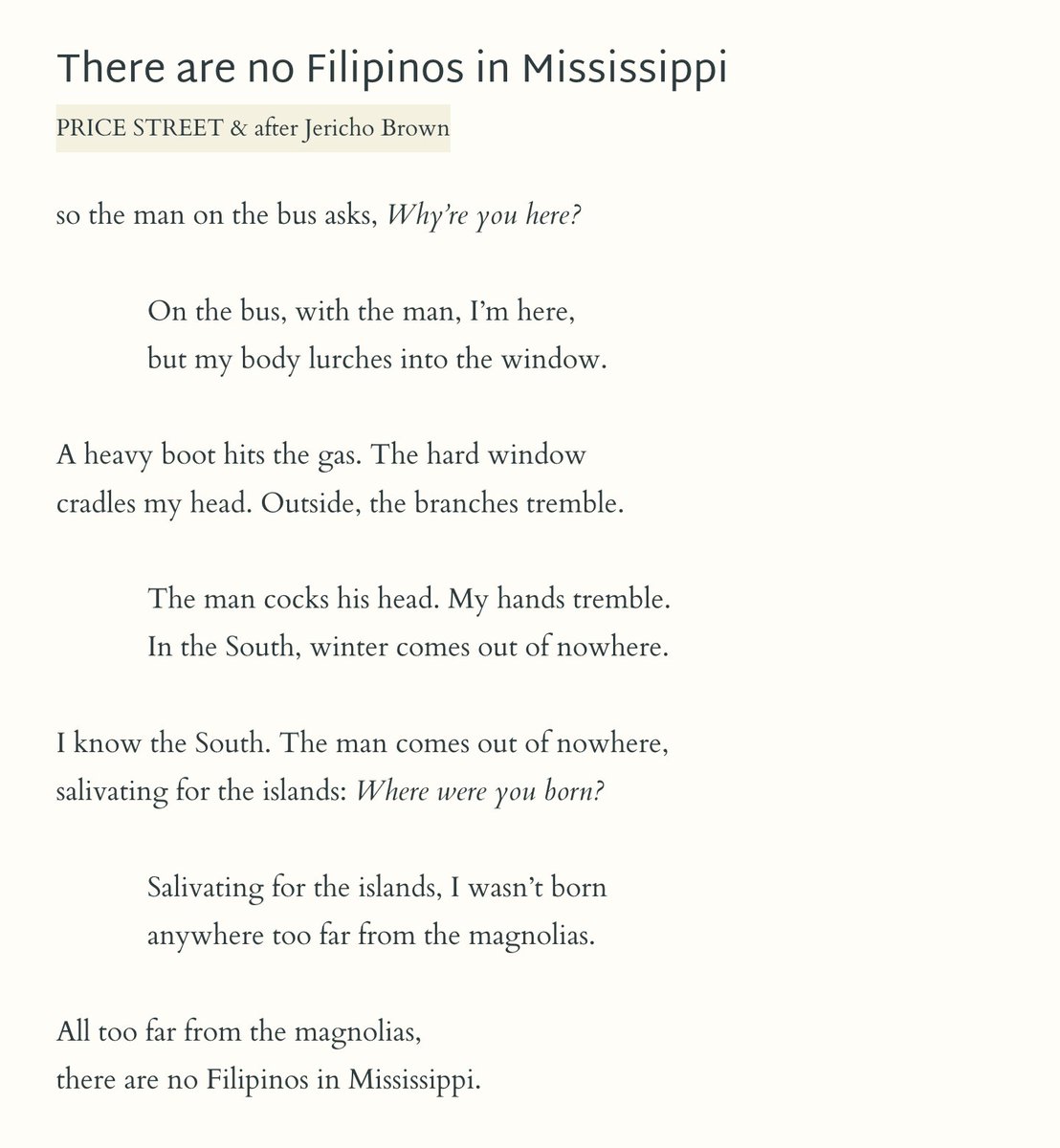 maybenoreen's tweet photo. Thank you thank you thank you to @TLDTDjournal for giving a home to my poems on Filipinos in Mississippi!! Here's my favorite of the three — a duplex of course :) https://t.co/Ait1YEwaMv