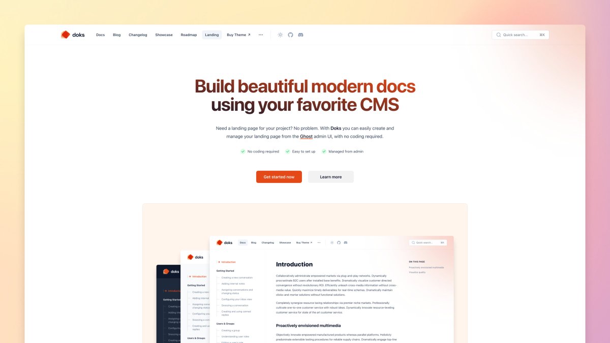 SpiritixHQ's tweet photo. Need a landing page for your project? 

No problem. With Doks you can easily create and manage your landing page from the Ghost admin UI, with no coding required. https://t.co/BEmXik2tII