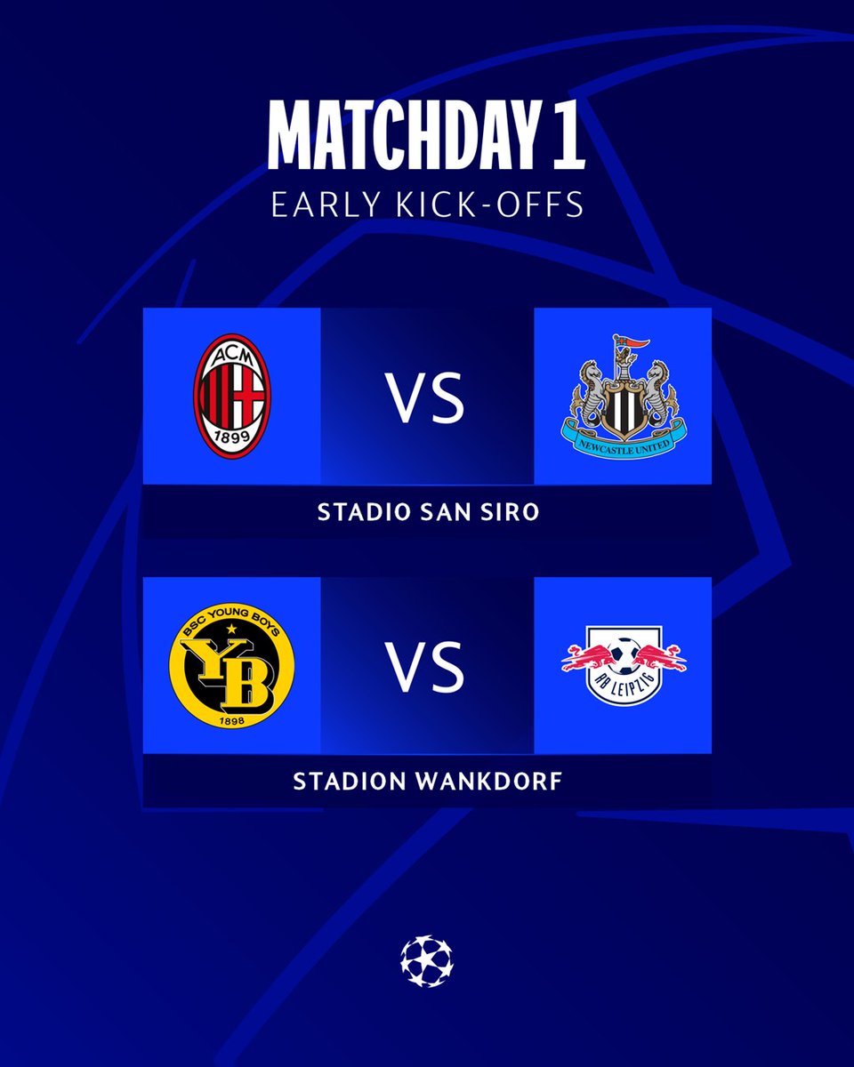 🚨 Two hours until the 2023/24 #UCL begins! 

Milan 🆚 Newcastle 
Young Boys 🆚 Leipzig