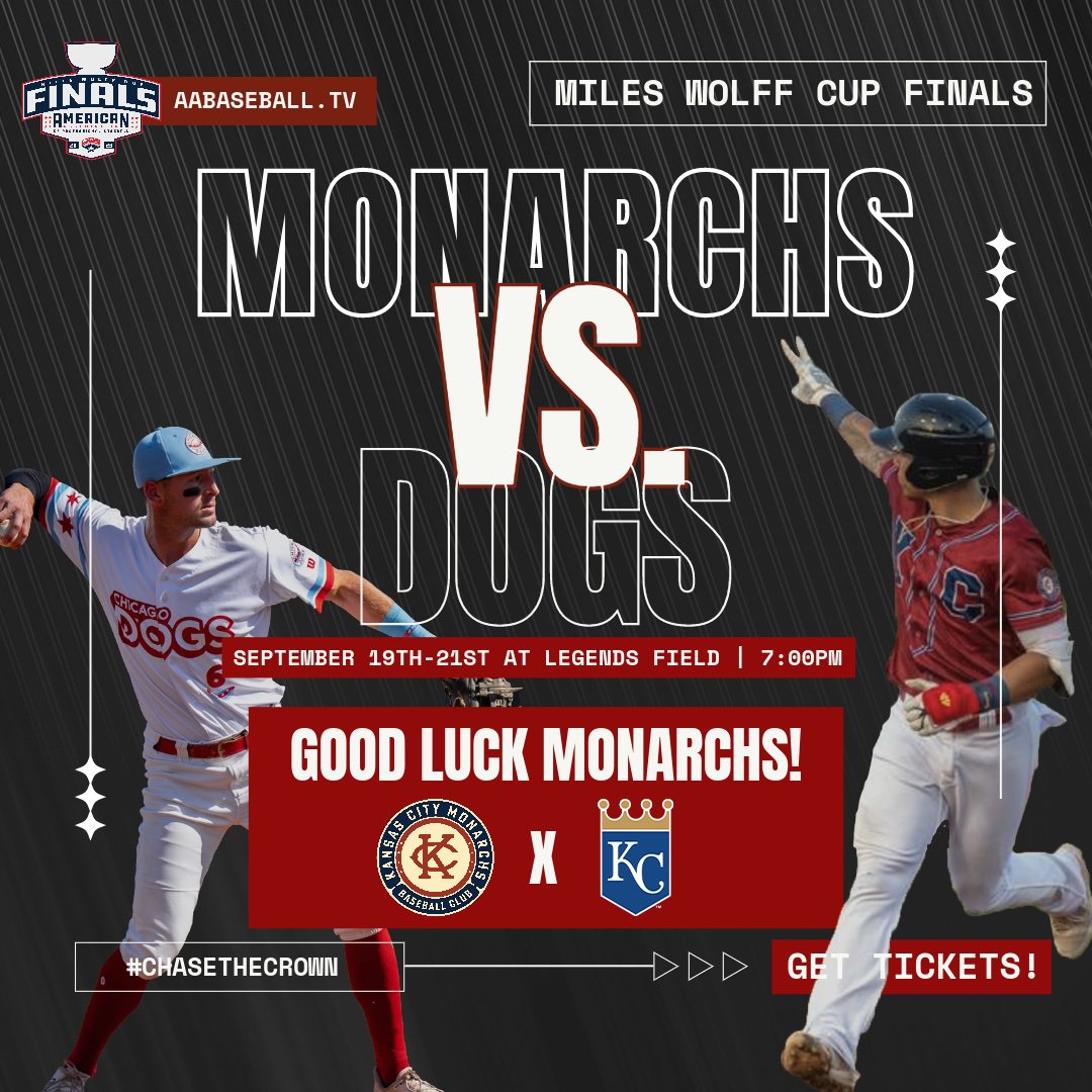 Good luck to the @kscitymonarchs in the Miles Wolff Cup Finals this week at Legends Field in KCK! Let's help them #PackThePark by getting tickets at monarchsbaseball.com

#ChaseTheCrown | #WePlayToWin