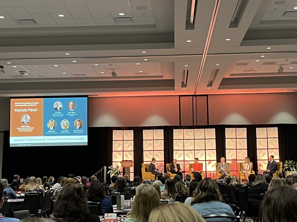 NebraskaEarly's tweet photo. “Let’s stop admiring the problem!” Up next at #ThrivingChildren2023 a keynote panel to discuss not just the existence of the child care crisis, but how we can solve it. https://t.co/pf92Lh0xxF