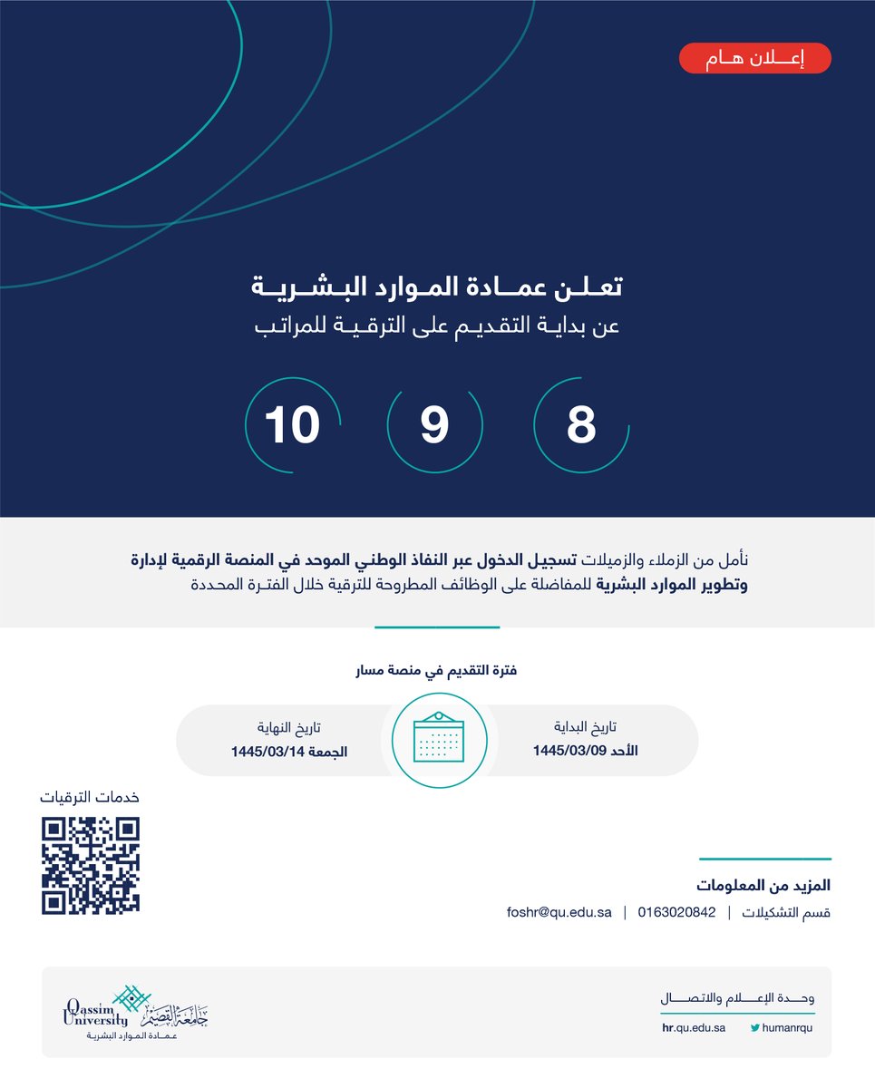 humanrqu's tweet photo. تعلن عمادة الموارد البشرية بـ #جامعة_القصيم عن فترة التقديم على الترقية للمراتب (العاشرة، التاسعة، الثامنة) خلال الفترة المحددة بالإعلان.

للاطلاع على خدمات الترقيات عبر الرابط التالي: 
https://t.co/TPndnRjn6e https://t.co/hfBBowIulZ