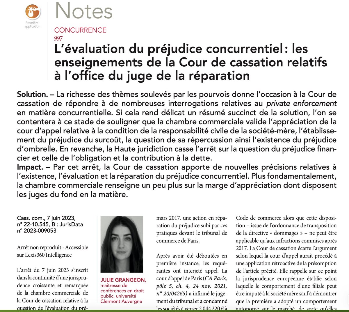 CmhUca's tweet photo. Julie Grangeon, nouvelle recrue du CMH, publie une note de jurisprudence au JCP G du 11 septembre 2023 intitulée : "L’évaluation du préjudice concurrentiel : les enseignements de la Cour de cassation relatifs à l’office du juge de la réparation"
#DUE #PrivateEnforcement https://t.co/luQWp34sVP