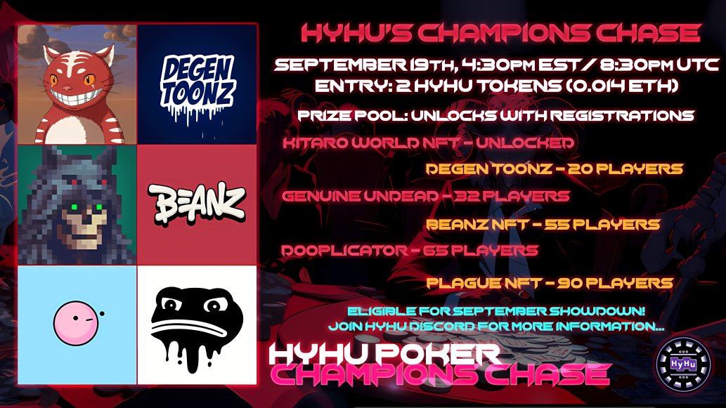 HyHu Network (Poker, Raffles & NFT) (@hyhunetwork) on Twitter photo 🃏HyHu Champion Chase
⏰Tuesday 4.30pm EST
🔒2 HyHu Tokens (Purchase on Profile Page)
🏆@KitaroNFT <a href="/DegenToonz/">Degen Toonz</a> <a href="/GenuineUndead/">Genuine Undead</a> <a href="/Azuki/">Azuki</a> Beanz <a href="/doodles/">doodles</a> Dooplicator & <a href="/ThePlagueNFT/">The Plague Of Frogs 🐸</a>
Secure your seat now on HyHu Poker! 🃏HyHu Champion Chase
⏰Tuesday 4.30pm EST
🔒2 HyHu Tokens (Purchase on Profile Page)
🏆@KitaroNFT <a href="/DegenToonz/">Degen Toonz</a> <a href="/GenuineUndead/">Genuine Undead</a> <a href="/Azuki/">Azuki</a> Beanz <a href="/doodles/">doodles</a> Dooplicator & <a href="/ThePlagueNFT/">The Plague Of Frogs 🐸</a>
Secure your seat now on HyHu Poker!
