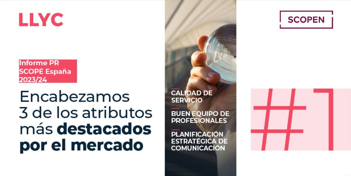 McuraCura's tweet photo. Somos la consultora mejor percibida en calidad de servicio, planificación estratégica y equipo, tres de los atributos clave más destacados por el mercado y que presenta @SCOPEN_es en su informe #PRSCOPE ESPAÑA 2023/24 #SomosLLYC 👉 https://t.co/yPzBXpcVh1 https://t.co/F8tXS6yi8N