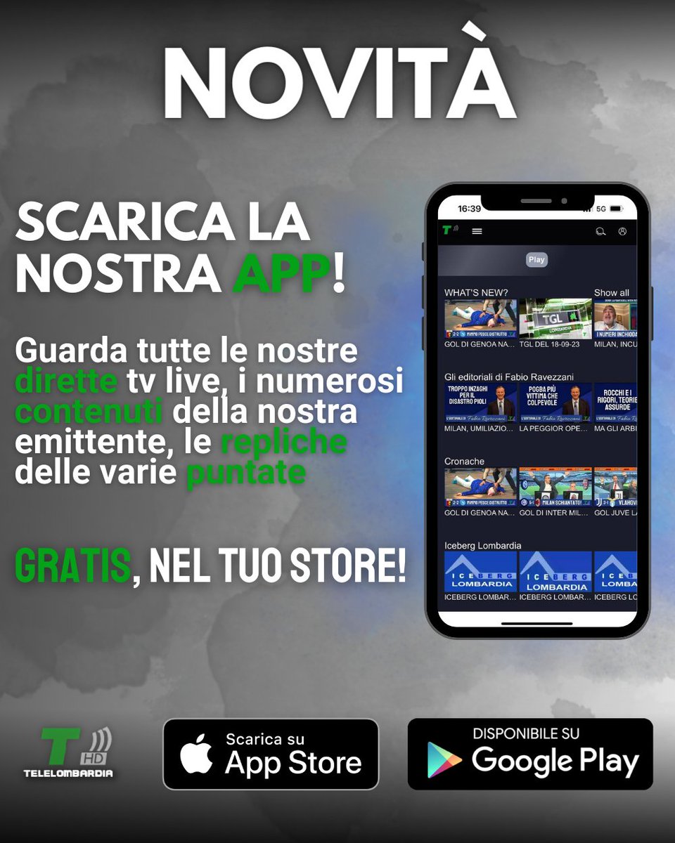 Disponibile nei vostri store del telefono l'app di TELELOMBARDIA!

Scarica ora l'applicazione per vedere tutti i migliori contenuti della nostra emittente!
App per iPhone: apps.apple.com/it/app/telelom…

App per Android: play.google.com/store/search?q…