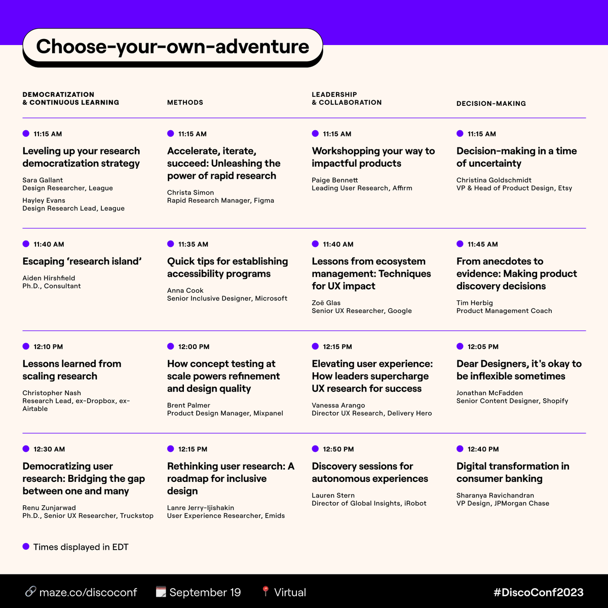 mazedesignHQ's tweet photo. It’s time to choose your own adventure 🧭
💡 Democratization & continuous learning
🛠️ Methods
🤝 Leadership & collaboration
🎯 Decision-making
We’ve got four unique content tracks at #DiscoConf23, filled with inspiration and expertise—which sessions are on your list? https://t.co/aeZuWoHfrz
