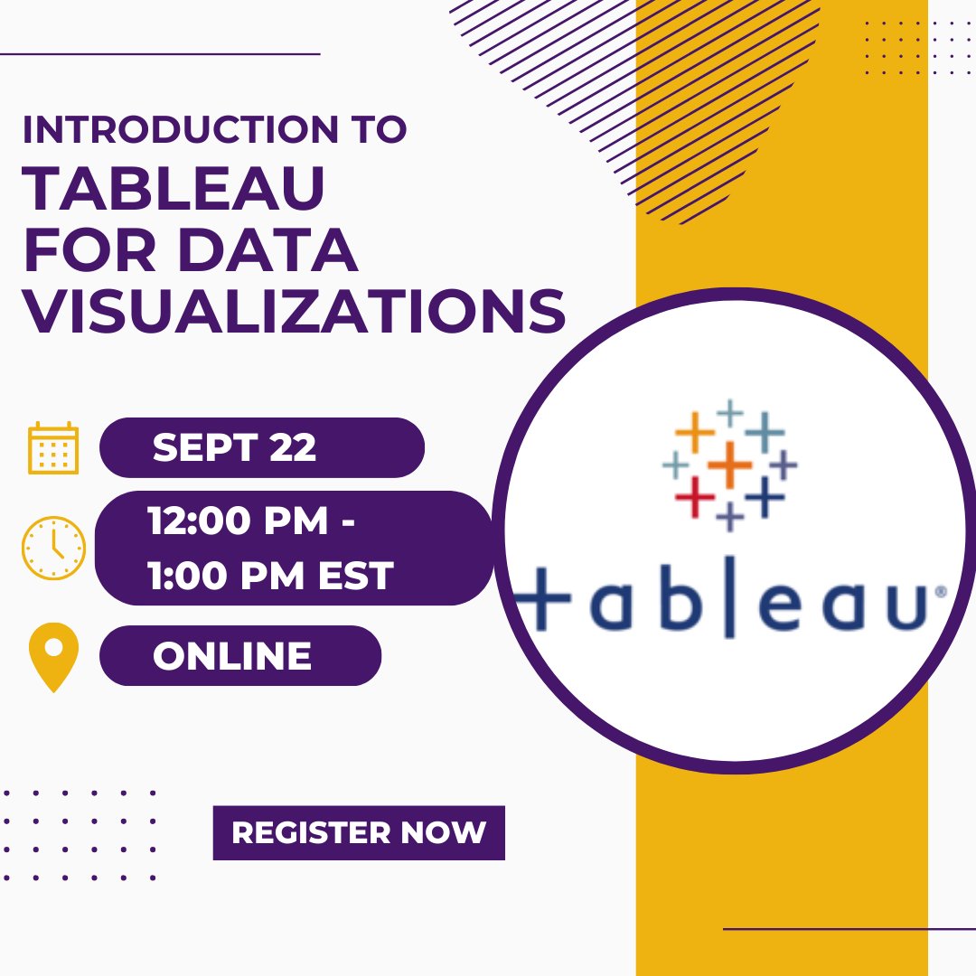 Interested in Tableau? Check out this upcoming virtual workshop! Introduction to Tableau for Data Visualizations September 22, 12PM - 1:00PM EST Register here: albany.libcal.com/event/11146243 #UAlbany #UAlbanyLibraries #Tableau