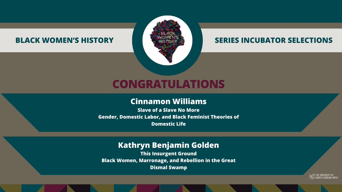 It's time to announce the selections for our #BWHSeries Incubator 🎉Thank you to everyone who applied and congratulations to:

👏🏿Cinnamon Williams (SLAVE OF A SLAVE NO MORE: Gender, Domestic Labor, and Black Feminist Theories of Domestic Life) 

👏🏿Kathryn Benjamin Golden (THIS