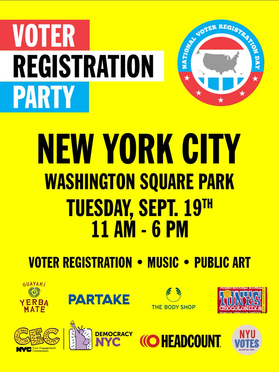 Heyyy NYC! Join us and our friends today, September 19th from 11am- 6pm in Washington Square Park for an unforgettable National Voter Registration Block Party! 💙 🍫