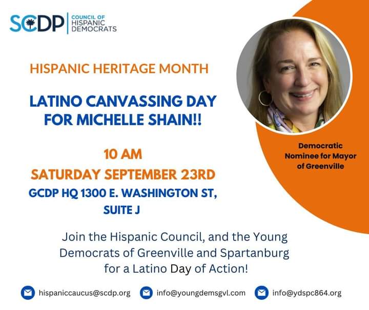 YDSPC864's tweet photo. This Hispanic Heritage Month, join us and our partners the @ydgreenville and the @scdp Hispanic Council as we canvass with @michelle4gville this weekend. #MichelleForGreenville #YoungGetsItDone #YDGC #YDSPC #YoungDemocrats #GreenvilleSC https://t.co/58s5l0Fkjr