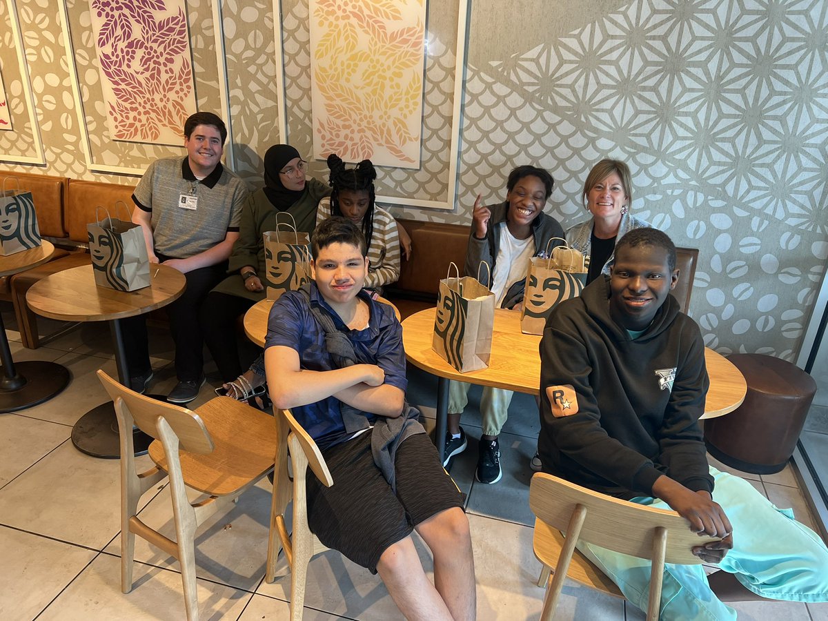 Life Skills Students from EHS getting on the job training with Maggie at Starbucks. So cool they get the experience! <a href="/DPS61Decatur/">Decatur Public Schools</a>
