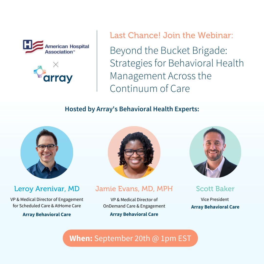 Array Behavioral Care (@arraybc) on Twitter photo Don't miss out on the future of behavioral care! Join our FREE webinar this week (9/20) hosted by <a href="/ahahospitals/">American Hospital Association</a>.
Discover how telepsychiatry is revolutionizing crisis intervention, cutting costs & improving care. aha-org.zoom.us/webinar/regist… #BehavioralHealth #HealthcareInnovation Don't miss out on the future of behavioral care! Join our FREE webinar this week (9/20) hosted by <a href="/ahahospitals/">American Hospital Association</a>.
Discover how telepsychiatry is revolutionizing crisis intervention, cutting costs & improving care. aha-org.zoom.us/webinar/regist… #BehavioralHealth #HealthcareInnovation