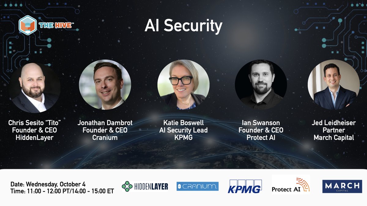 TM Ravi (@tmravi) on Twitter photo Join <a href="/HiveData/">The Hive</a> for a panel Wed, Oct 4th at 11am PT on "AI Security" w/ pioneers Chris Sestito <a href="/hiddenlayersec/">HiddenLayer</a>, Jonathan Dambrot <a href="/CraniumAi/">Cranium.ai</a>, Katie Boswell <a href="/KPMG/">KPMG</a> & Ian Swanson <a href="/ProtectAICorp/">Protect AI</a> moderated by <a href="/jedlive/">Jed Leidheiser</a> <a href="/MarchCPs/">March Capital</a>. RSVP: meetup.com/sf-bay-areas-b… #AI #Security #AISecurity Join <a href="/HiveData/">The Hive</a> for a panel Wed, Oct 4th at 11am PT on "AI Security" w/ pioneers Chris Sestito <a href="/hiddenlayersec/">HiddenLayer</a>, Jonathan Dambrot <a href="/CraniumAi/">Cranium.ai</a>, Katie Boswell <a href="/KPMG/">KPMG</a> & Ian Swanson <a href="/ProtectAICorp/">Protect AI</a> moderated by <a href="/jedlive/">Jed Leidheiser</a> <a href="/MarchCPs/">March Capital</a>. RSVP: meetup.com/sf-bay-areas-b… #AI #Security #AISecurity