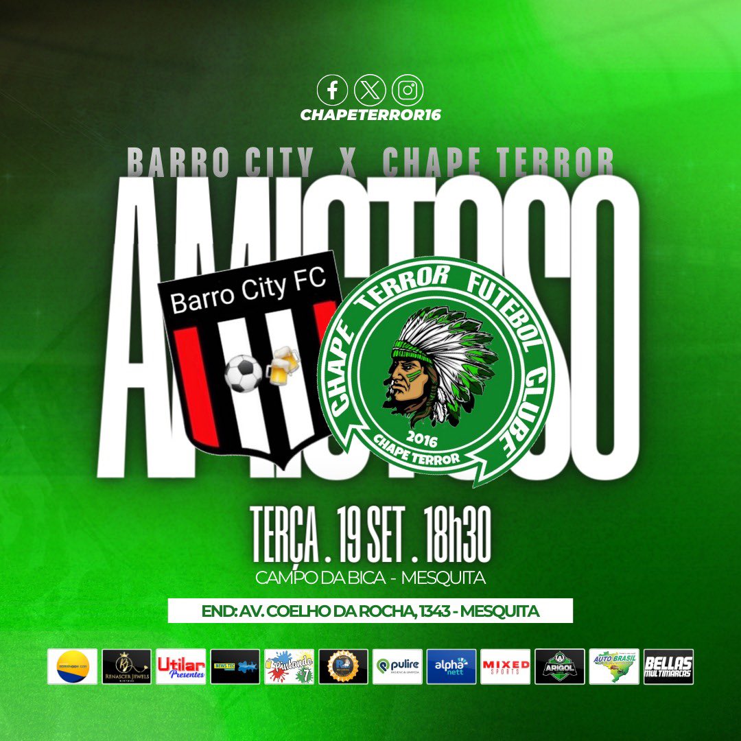 A CHAPE VOLTOU 💚⚽️

Hora de matar a saudade. A tropa do Morcego visita hoje (19) o Barro City, às 18h30, no campo da Bica, em Mesquita. 

Alô jogadores, comissão, diretoria, torcida, familiares e simpatizantes! Venham prestigiar a Chape Terror 💚🖤🦇

VAMO VAMO CHAPE 🥳