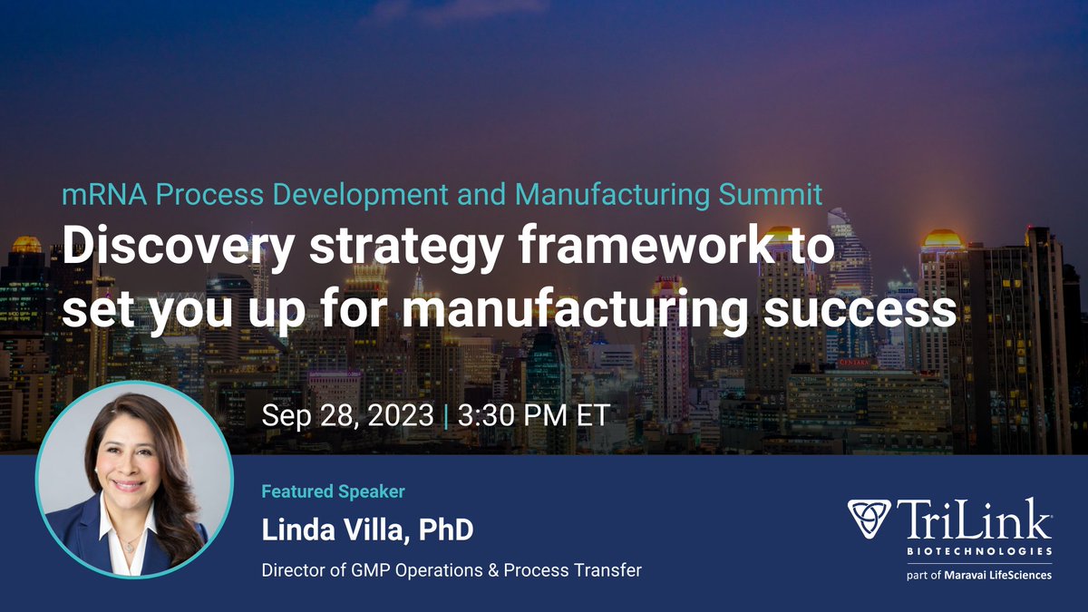 TriLinkBioTech's tweet image. Trilink is excited to announce our participation in the upcoming mRNA Process Development and Manufacturing Summit. If you're attending, be sure to join us for a compelling presentation on "Discovery strategy framework to set you up for manufacturing success".
#mRNA