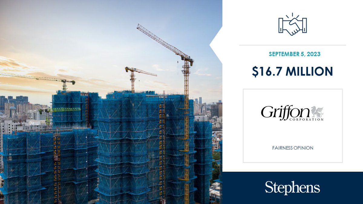 Stephens rendered a fairness opinion to the Audit Committee of the Board of Griffon Corporation in connection with the share repurchase of 400,000 shares from Voss Capital #InvestmentBanking ow.ly/jVk350PNklf