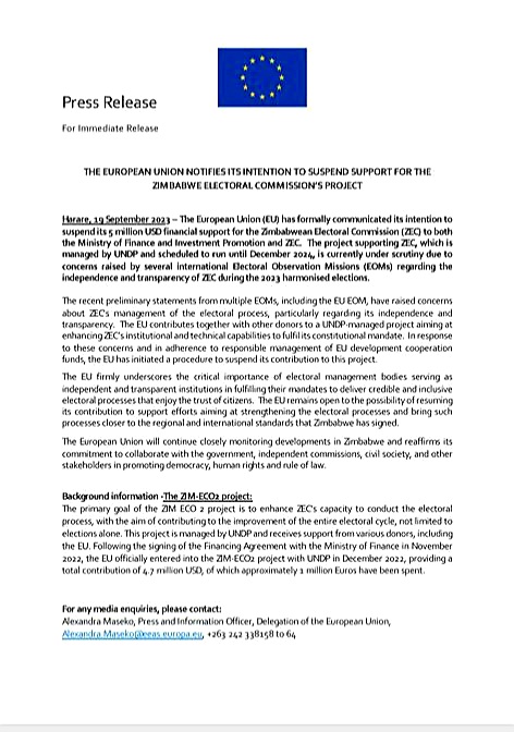 EU's $5M funding withdrawal from ZEC raises major donor confidence issues. EU acts as a derisking donor, pivotal for pooling other contributions to fund its tasks. 

ZEC faces uncertainty, impacting transparency and independence concerns. 🇪🇺🇿🇼
#ZimbabweElections
#DonorConfidence