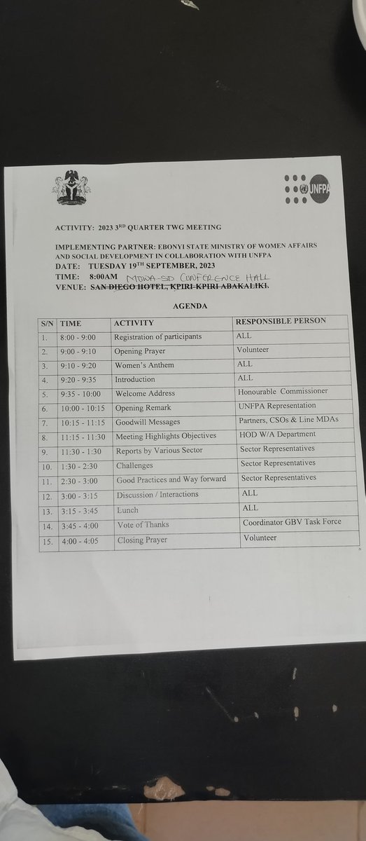 Pearl_Fixer's tweet photo. Ebonyi State Ministry of Women Affairs and Social development in collaboraStion with UNFPA organised 2023 3rd quarter Technical working group (TWG) meeting.
Date: Tuesday 19th September,2023
Time: 8:00AM
Venue: MOWA-SD Conference hall, Centenary city, Ebonyi State https://t.co/F1roymCfva