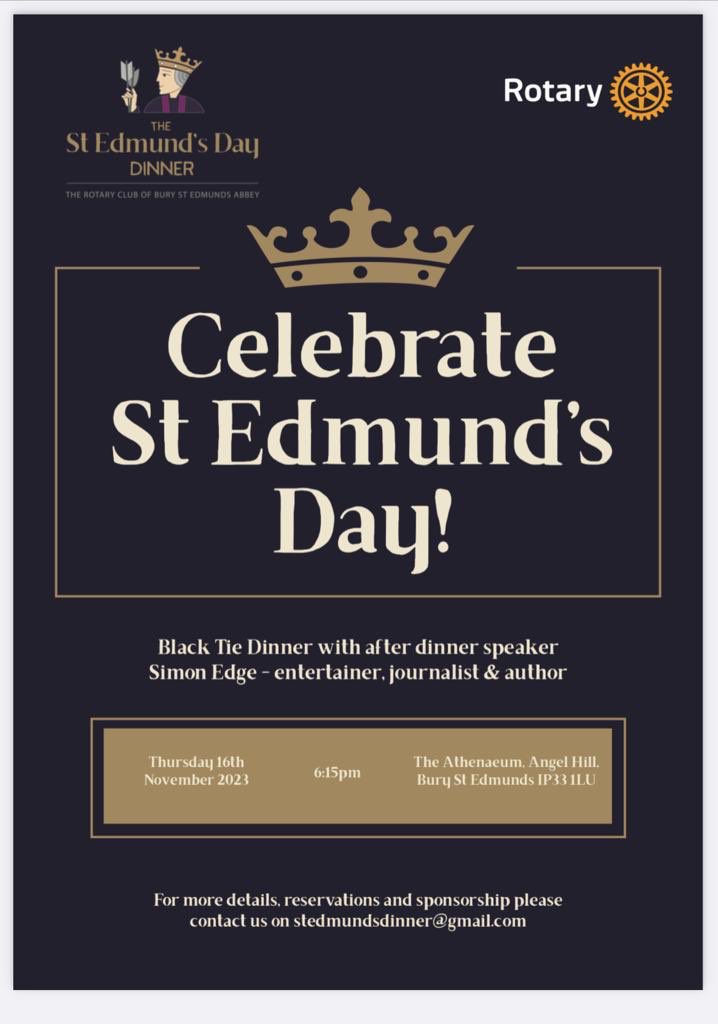 Tickets are selling fast for <a href="/abbey1080/">Bury Abbey Rotary</a> #stedmundsday #blacktie #charity dinner on 16th November <a href="/TheAthenaeumBSE/">TheAthenaeumBSE</a> so grab yours now! #burystedmunds #suffolk