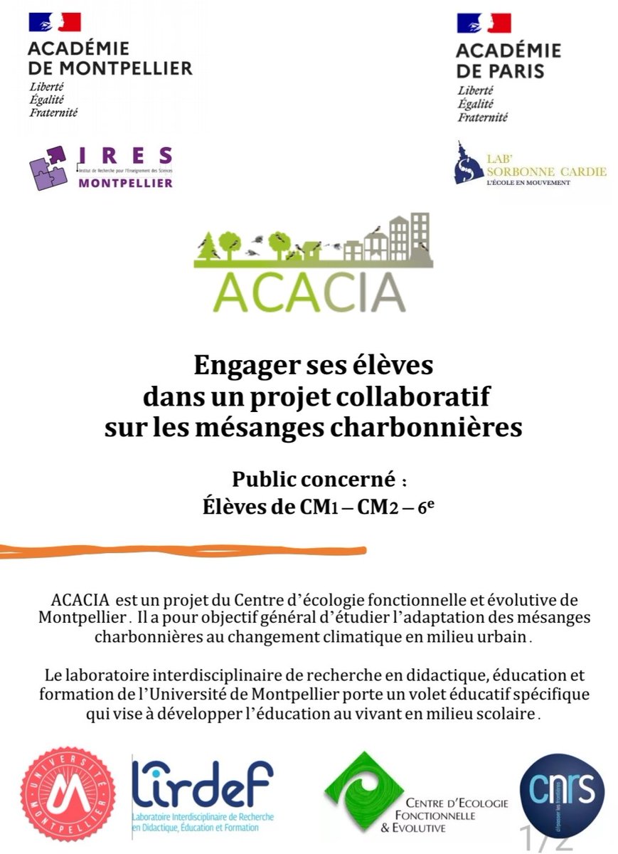 AlinaCristian6's tweet image. Réunion à l'@AcademieClimat pour la mise en place du projet ACACIA au @CollgeCourteli1 : engager les élèves dans un projet collaboratif et pluridisciplinaire sur les mésanges charbonnières (cycle 3) 🐦🐦
@cefemontpellier @CNRS @Academie_Paris @acmontpellier
