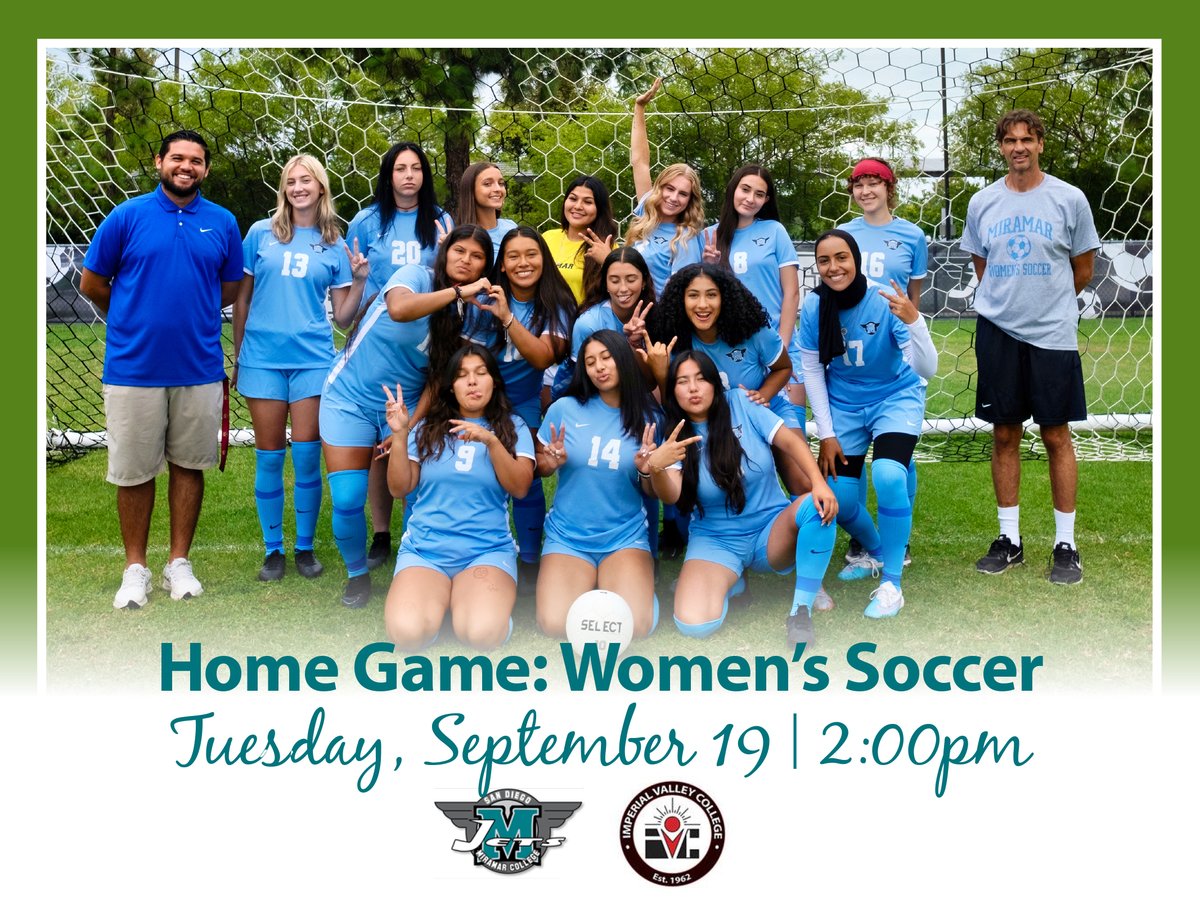 🚨 Home Game Alert! 🚨 🗓️ Join us TODAY, September 19 at 2:00pm, to cheer on our Women's Soccer team! Let's make some noise and show our support! 🙌⚽ #GoTeam #sdmiramarsoccer #GameDay🎉👏