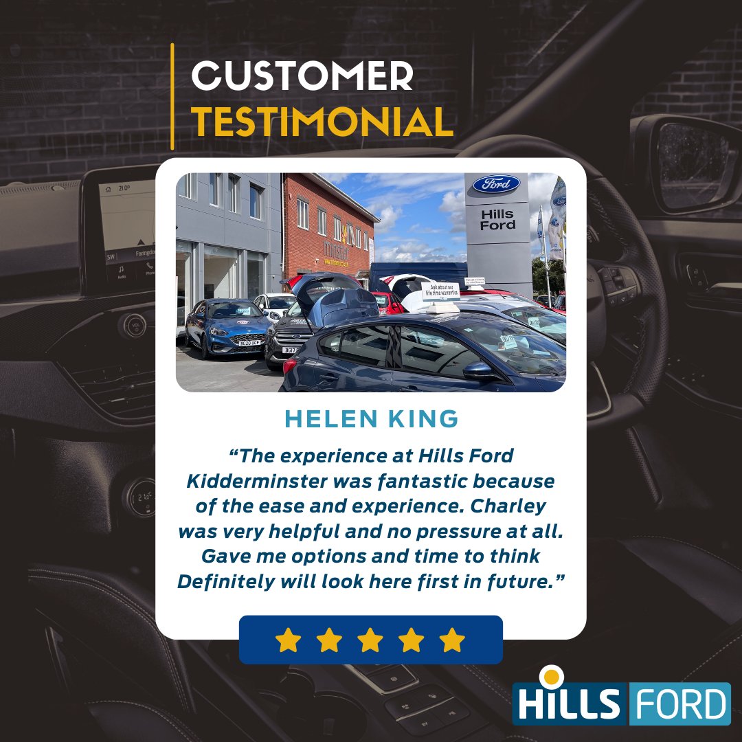 Hills_Ford's tweet photo. Fabulous feedback from one of our many happy customers from our Kidderminster Ford dealership! Thanks Helen. #WorcestershireHour #UsedCars #UsedFord #Ford #FordCars #HappyCustomer
Find your next perfect set of wheels here https://t.co/o8XGSUn5qW #Kidderminster #Malvern https://t.co/W0vVjOIB1c