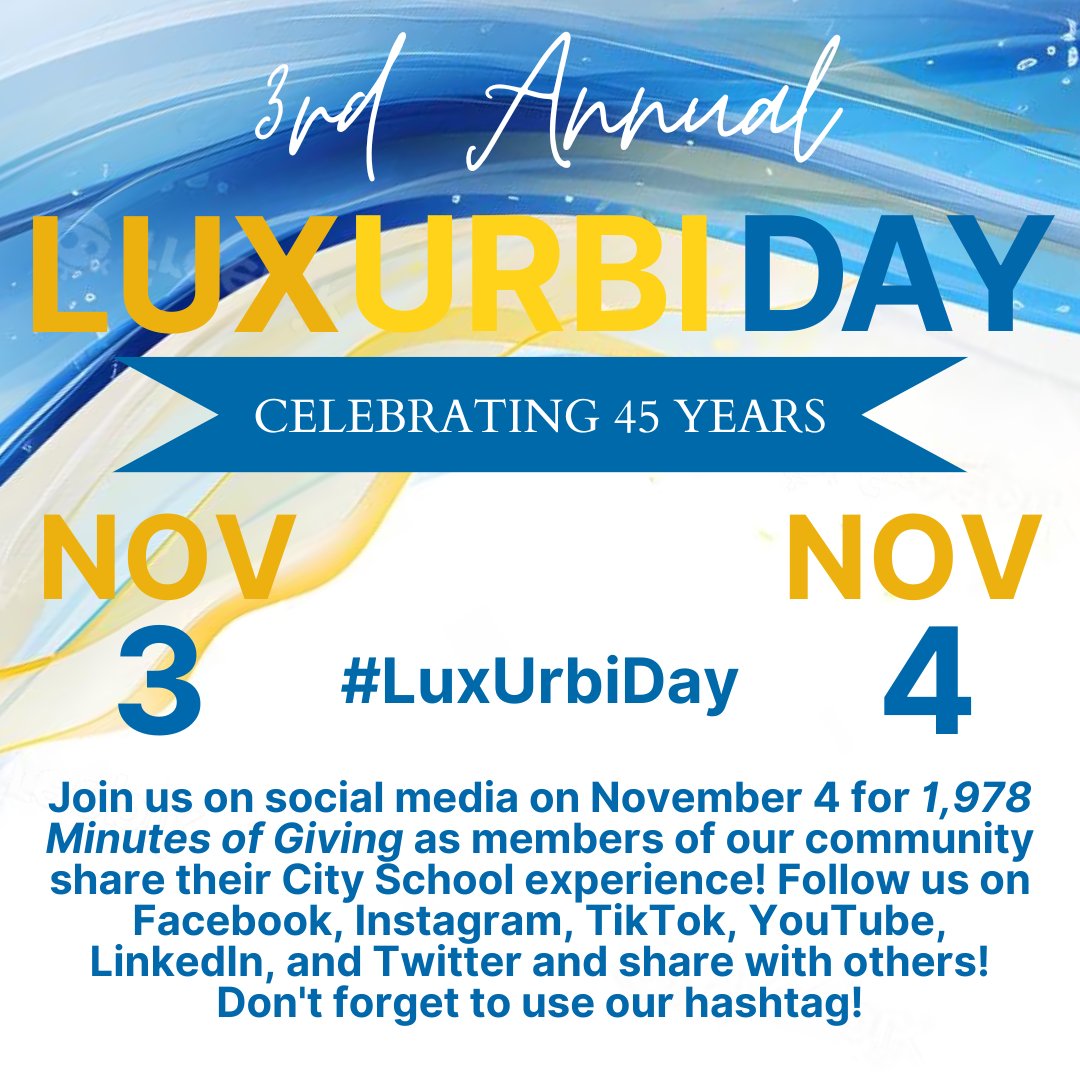 tcsphilly's tweet photo. Share More to Win More! Like &amp; Share our posts until Nov 4th using (#LuxUrbiDay) to win free TCS swag, free Yay Lunch. The profile with the most shares will win a discount on Reenrollment fees for next school year! Go Lions!! #Shalom https://t.co/QdjgPt0raW