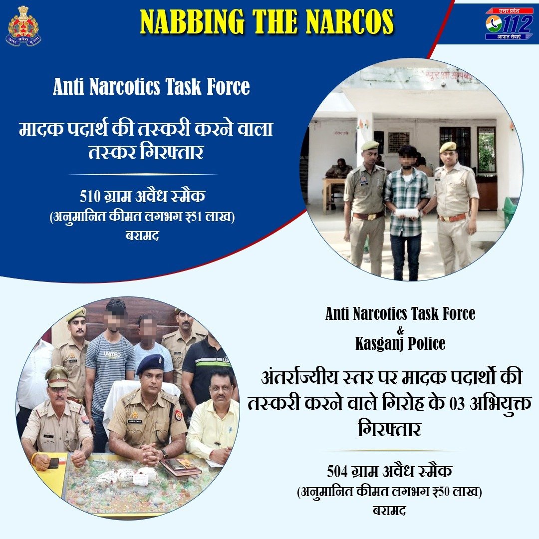 Zero Tolerance Against Narcotics Smuggling - ए.एन.टी.एफ द्वारा मादक पदार्थ की तस्करी करने वाले तस्कर को गिरफ्तार कर उसके कब्जे से 510g स्मैक तथा ए.एन.टी.एफ व @kasganjpolice के संयुक्त ऑपरेशन में 03 अभियुक्तों को गिरफ्तार कर 504g स्मैक बरामद की गयी है। #UPPNabsNarcos