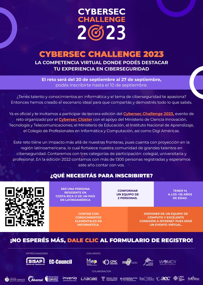 LWomcy's tweet photo. Participa en el CYBERSEC CHALLENGE 2023, la competencia virtual donde puedes destacar.
Lee toda la información a continuación e inscríbete aquí https://t.co/HZIpayUNW1 https://t.co/dYhY0hmXkJ