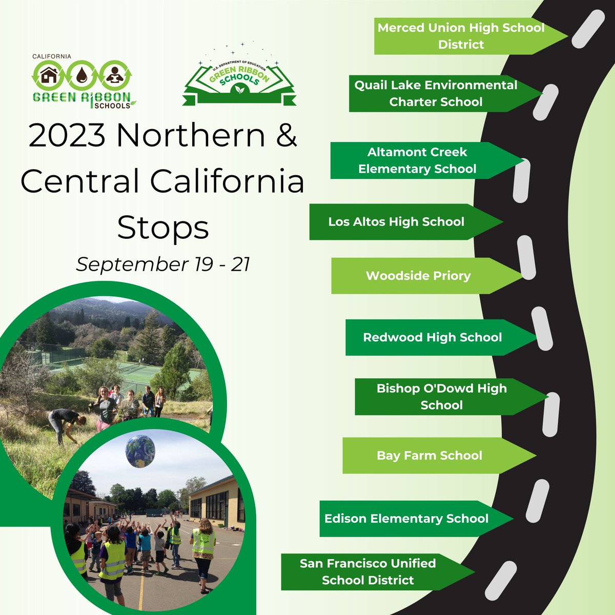 Today, we're kicking off the 2023 ED #GreenStrides Tour! Follow along from September 19-21 as @EDGreenRibbon visits 10 schools across Northern & Central California, celebrating recent ED Green Ribbon School winners. ed.gov/news/media-adv…