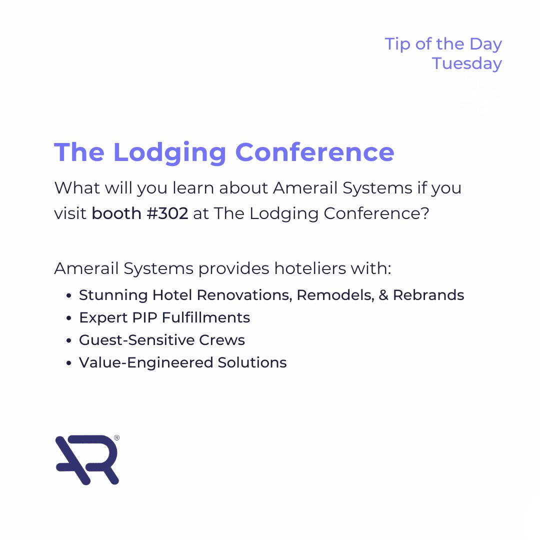 #tipofthedaytuesday

Are you at the Lodging Conference this week? 🤔  Here's what you will learn about Amerail Systems if you visit booth #302. 

We hope to see you there!

#thelodgingconference #lodgingconference #hoteliers #hotels #hospitality #hotelmanagement #travel