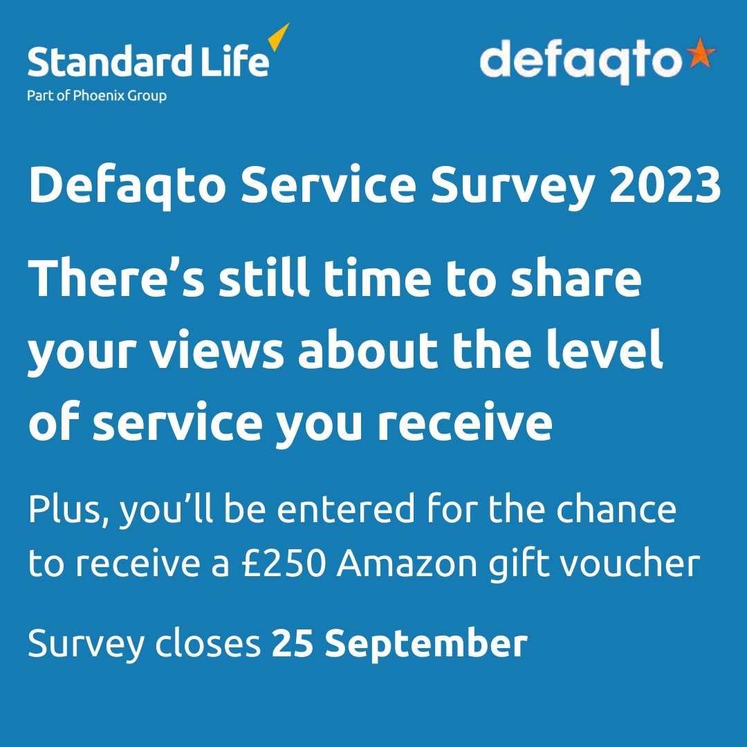 Standard Life Adviser (@sl_adviser) on Twitter photo There's still time to complete <a href="/DefaqtoAdviser/">Defaqto Adviser</a> annual service survey asking financial advisers to share their views about the level of service they receive from product providers.
Share your views 👉 ow.ly/T4Ma50PMLWL There's still time to complete <a href="/DefaqtoAdviser/">Defaqto Adviser</a> annual service survey asking financial advisers to share their views about the level of service they receive from product providers.
Share your views 👉 ow.ly/T4Ma50PMLWL