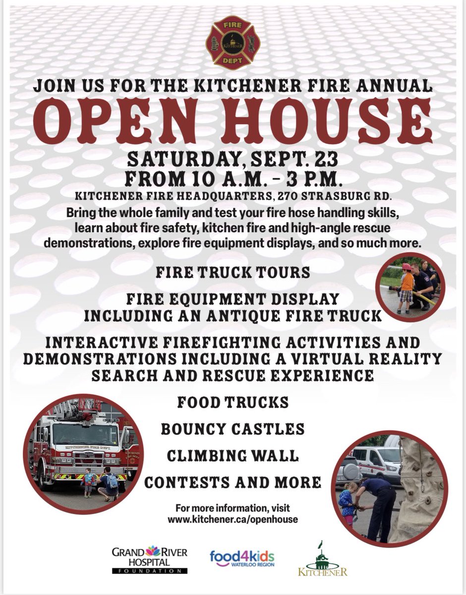 We are excited to have the public join <a href="/KitchFire/">KPFFA</a> members at #KitchenerFire HQ this Saturday (Sept. 23rd)  for the return of our Open House. Lots of fun activities for the whole family to enjoy! We looking forward to seeing you there!