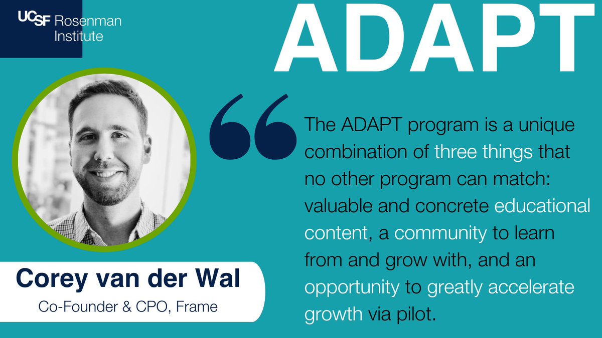 Three words to describe the #ADAPT program— connect, community, and accelerate. 

Listen to Corey van der Wal, CPO, <a href="/FertilityFrame/">Frame</a> describe the uniqueness of our program!

Ready to scale up your healthcare solution? Apply before apps close on Sept 27! rosenmaninstitute.org/programs/adapt/