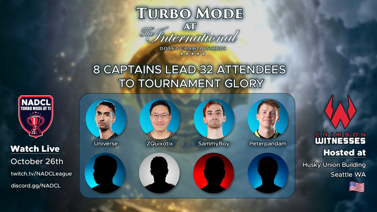 NA Dota Esports (@nadotaesports) on Twitter photo Crimson Witness X NADCL Turbo Mode at TI
📅October 26th
🗺️Seattle, WA
Please welcome our first 4 team captains who will be leading one of 8 teams at the event!
<a href="/UniverseDota/">Saahil Arora</a>
<a href="/zquixotix/">ZQuixotix</a>
@SammyboyGG
<a href="/Peterpandam/">Peterpandam ⌐◨-◨</a>
If you're attending TI and are looking for a fun side-event Crimson Witness X NADCL Turbo Mode at TI
📅October 26th
🗺️Seattle, WA
Please welcome our first 4 team captains who will be leading one of 8 teams at the event!
<a href="/UniverseDota/">Saahil Arora</a>
<a href="/zquixotix/">ZQuixotix</a>
@SammyboyGG
<a href="/Peterpandam/">Peterpandam ⌐◨-◨</a>
If you're attending TI and are looking for a fun side-event