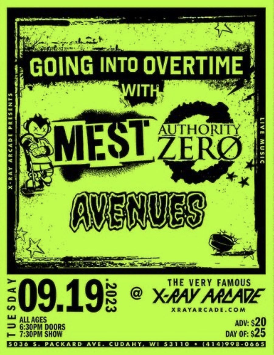 🚨TONIGHT!!🚨

Stoked to be jumping on this one tonight w/ <a href="/TheOfficialMEST/">MEST</a> <a href="/AuthorityZero/">Authority Zero</a> at <a href="/xrayarcade/">The Very Famous X-Ray Arcade</a> in Cudahy, WI - [All-Ages] Doors 6:30pm/Show 7:30pm 😎

Event RSVP: fb.me/e/L74ghjfa