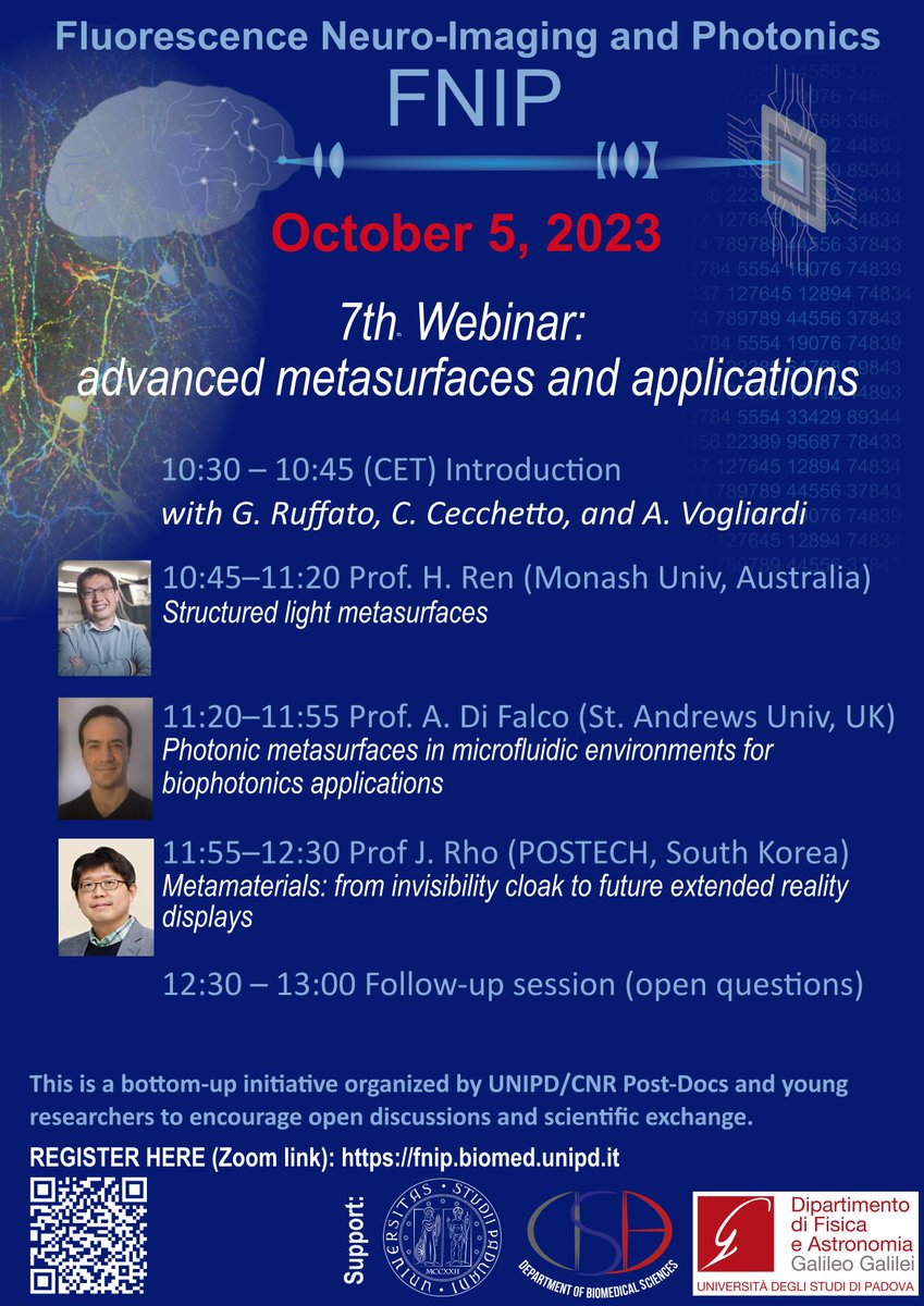 Subscribe to the upcoming FNIP webinar on Advanced #metasurfaces with Haoran Ren <a href="/Hren2016/">Haoran Ren</a> (<a href="/MonashUni/">Monash University</a>, Australia), Andrea di Falco (<a href="/univofstandrews/">University of St Andrews</a>, UK), Junsuk Rho (POSTECH, Korea) #photonics #metaoptics 
Registration: fnip.biomed.unipd.it/event/7th-fnip…
<a href="/dsb_unipd/">@dsb_unipd</a> <a href="/DFAUnipd/">Dipartimento di Fisica e Astronomia DFA - UNIPD</a>