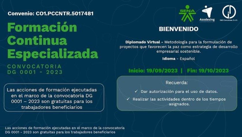 asodesing's tweet photo. Hoy damos inicio al diplomado virtual gratuito: Metodología para la formulación de proyectos que favorecen la paz como estrategia de desarrollo empresarial sostenible.
Esperamos disfrutes de este proceso de aprendizaje en nuestro entorno virtual de estudio. 💻
#SENAConLasEmpresas https://t.co/1Qwa44hZjK