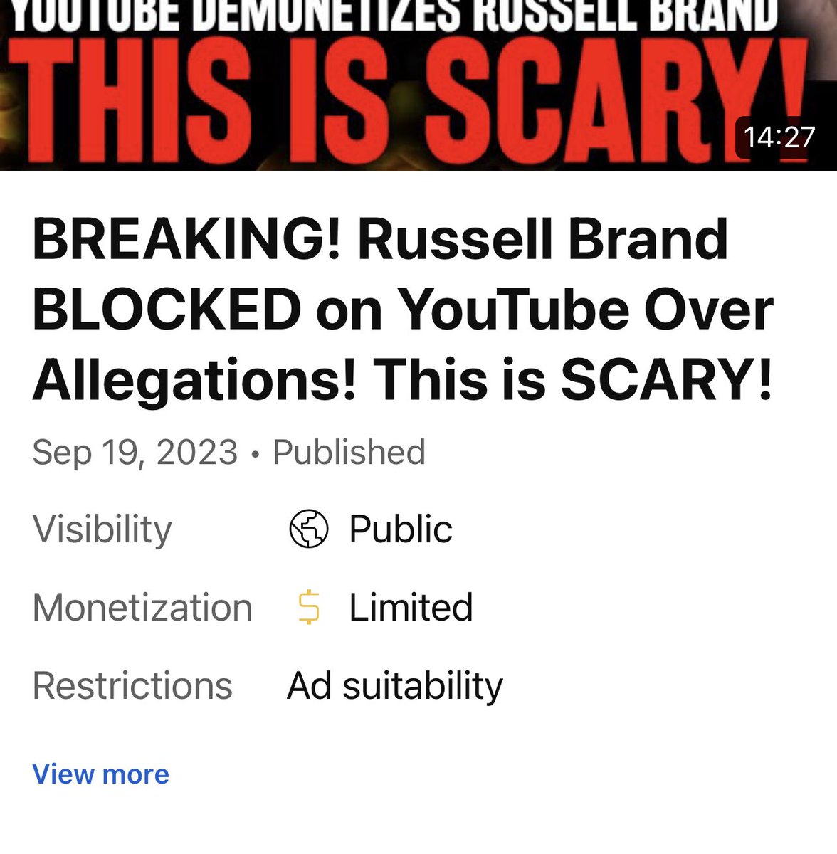 andysignore's tweet image. Yikes… @TeamYouTube First You Demonetize Russell Brand over allegations he disputes, that are not yet proven in court, and then you go and LIMIT videos simply talking about it?! Am I going insane!? There is NOTHING in this video that could be inappropriate for advertisers.