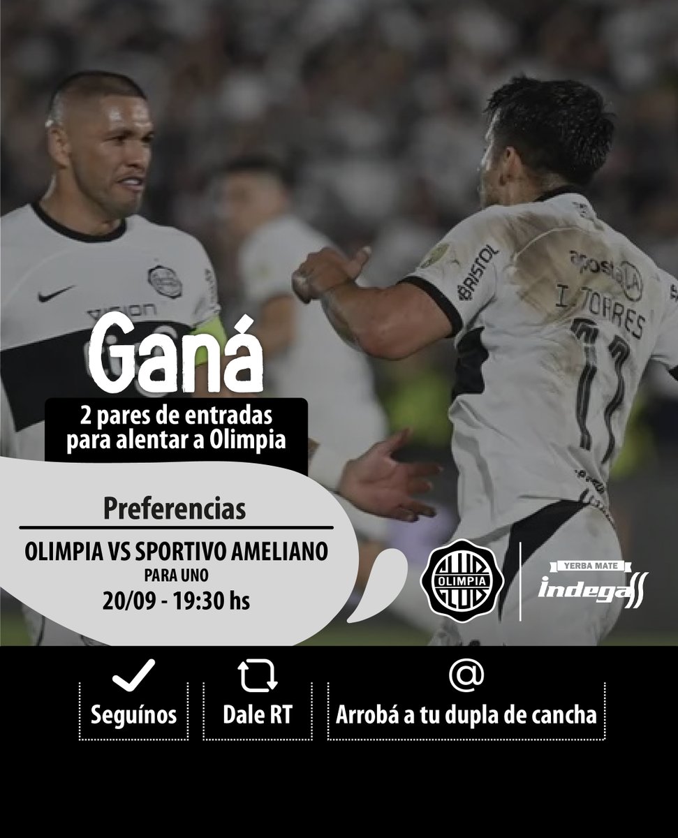 yerbamateindega's tweet photo. ¡Alentá a Olimpia vs. Sportivo Ameliano mañana en Para Uno!

¡Ganá pares de entradas!

⚪️ Seguínos y dale rt a este post
⚫️ Mencioná a tu dupla de cancha @✌️
⚪️ Comentá el gol que más disfrutaste este año 👀

#YerbaMateIndega https://t.co/ztoRjIIw30