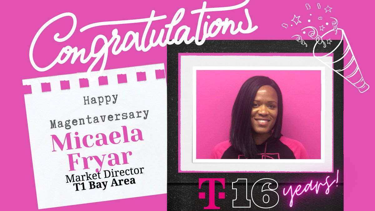 Rob Ashley (@rwashley1) on Twitter photo Please join me in congratulating <a href="/InMeeksOpinion/">Micaela Fryar</a> on her 16 year Magentaversary 👏🎉1⃣6⃣ 🎉Micaela leads our T100 Bay Area team and is just phenomenal! Thank you for all that you do Micaela 👏 Please join me in congratulating <a href="/InMeeksOpinion/">Micaela Fryar</a> on her 16 year Magentaversary 👏🎉1⃣6⃣ 🎉Micaela leads our T100 Bay Area team and is just phenomenal! Thank you for all that you do Micaela 👏