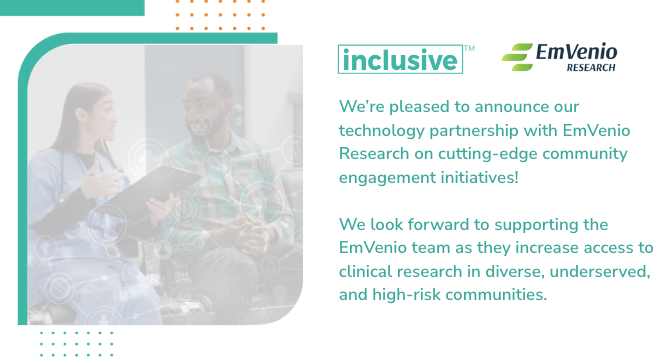 InclusiveGrid's tweet photo. We’re pleased to announce our technology partnership with @EmvenioResearch on cutting-edge #community engagement initiatives!

Read the full article here: https://t.co/AnRitd5eKu

#Clinicalresearch #Diversity  #inclusion #inclusive https://t.co/X7y0lhkGxB